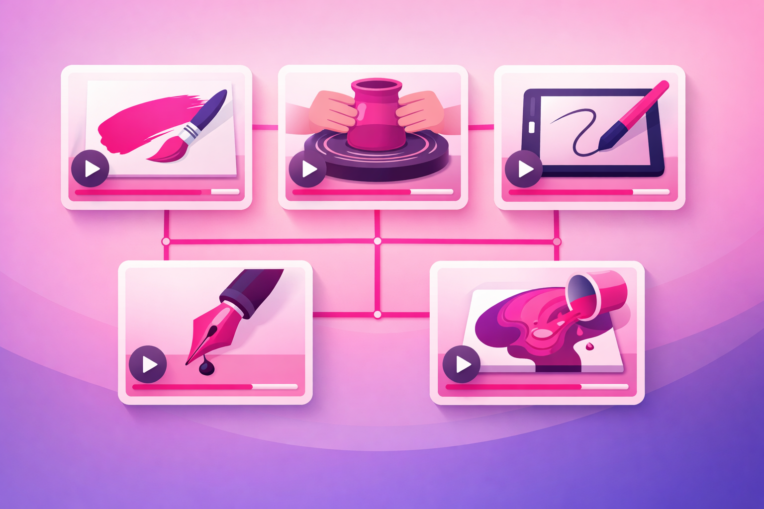 A grid of art video concept cards, each showing a different format - a paintbrush stroke, a pottery wheel, a stylus on a tablet, a calligraphy pen, and a paint pour - connected by thin pink lines on a soft pink and purple gradient background