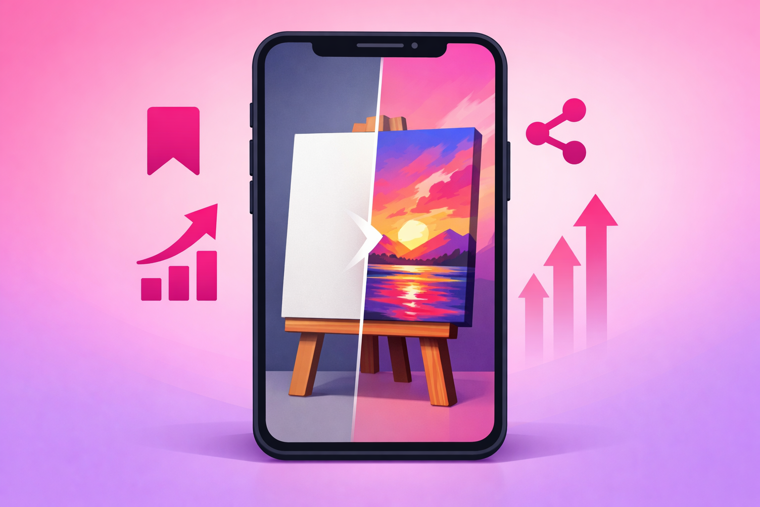 A vertical smartphone showing a before-and-after art transformation from a blank canvas to a finished sunset painting, with save, share, and upward growth arrow icons beside it on a soft pink and purple gradient background