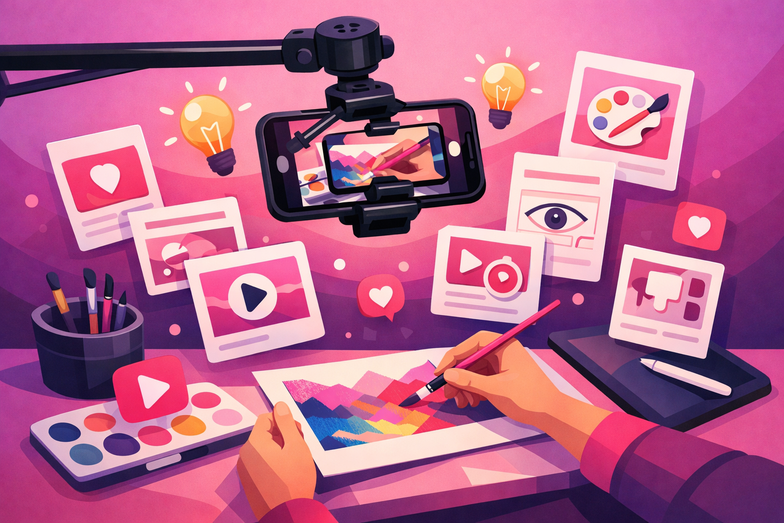 An artist's hands painting colorful artwork filmed by a smartphone on an overhead mount, surrounded by floating content-idea cards, lightbulb icons, and heart, bookmark, and play engagement icons on a soft pink and purple gradient background