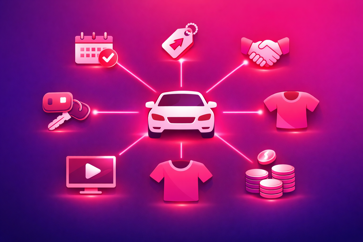 A diagram with a central car icon and glowing lines branching out to seven income-stream icons - a service calendar, an affiliate tag, a brand handshake, a car key, an online course play button, a merch t-shirt, and a coin stack - on a pink and purple gradient background