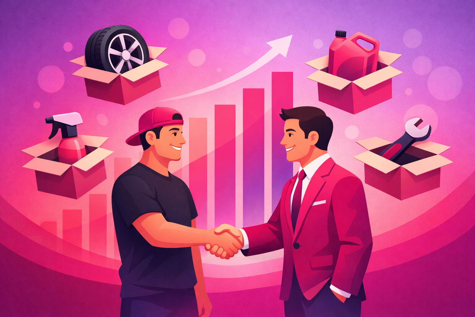 An automotive creator shaking hands with a brand representative, surrounded by floating product boxes including a tire, an oil bottle, a detailing spray, and a tool, with rising revenue bar charts in the background, on a pink and purple gradient