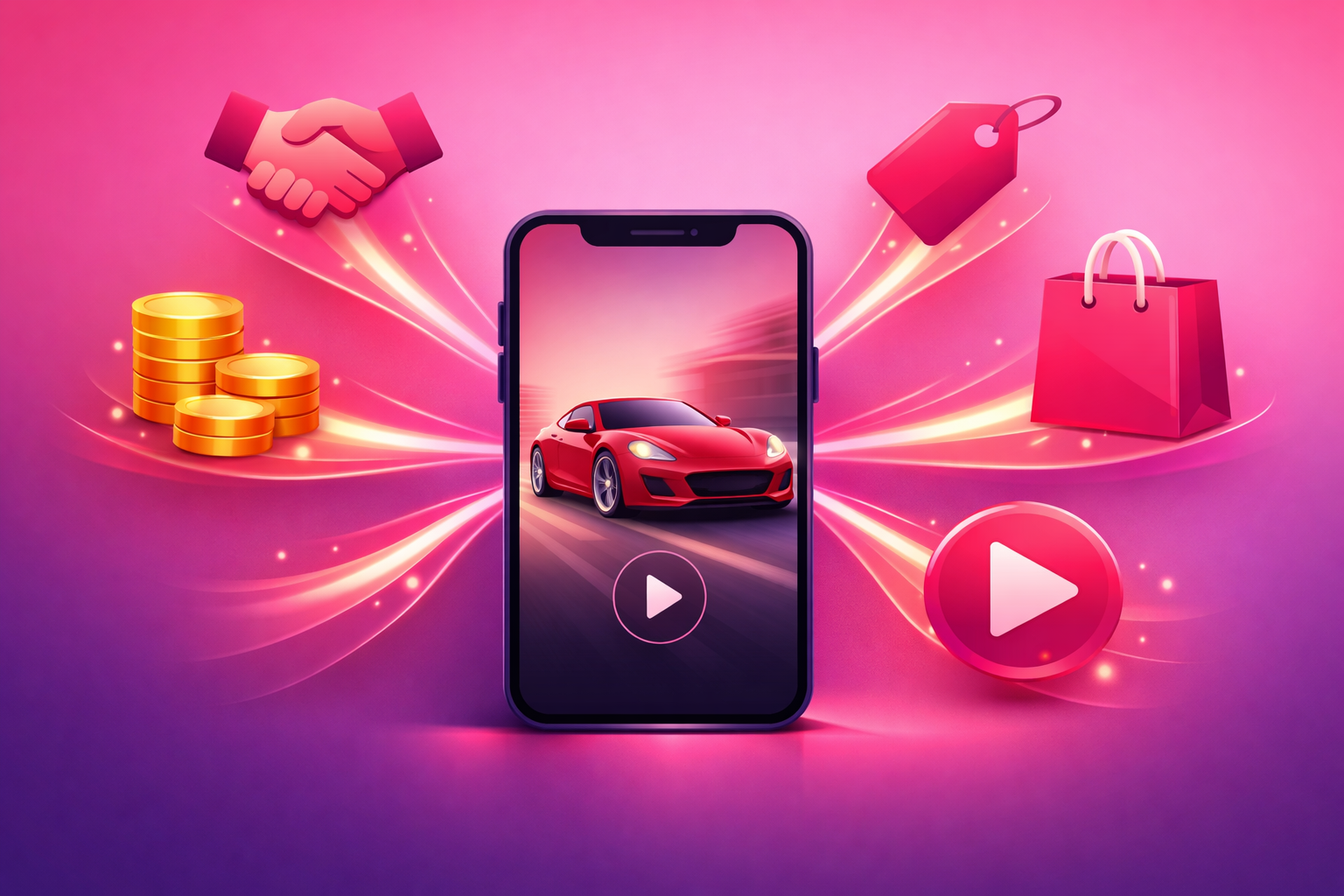 A smartphone playing a car video with glowing revenue streams - coins, a handshake, a price tag, a shopping bag, and play buttons - flowing outward, representing multiple income sources for automotive creators, on a pink and purple gradient background