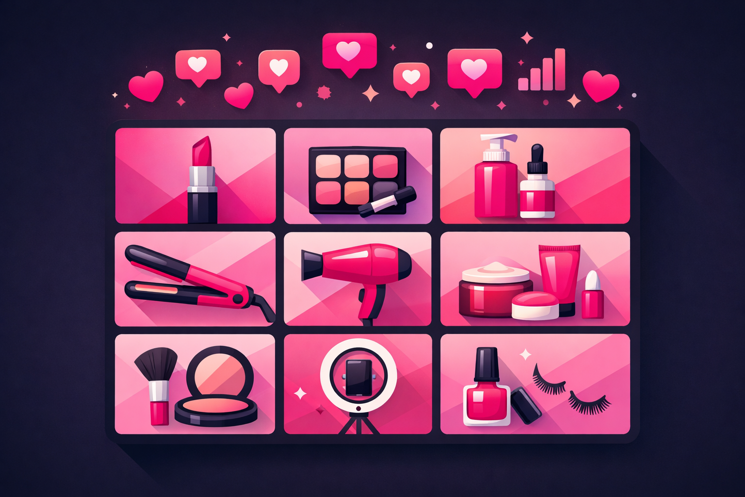Content calendar grid with beauty-themed icons including lipstick, eyeshadow palette, skincare bottles, and hair tools representing diverse beauty TikTok content categories