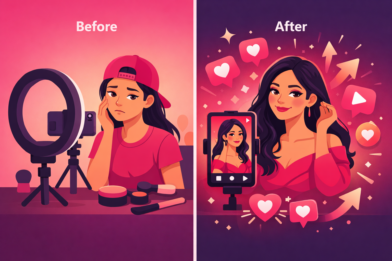 Before and after split-screen illustration of a beauty creator showing a transformation from casual to glamorous with engagement metrics and viral indicators