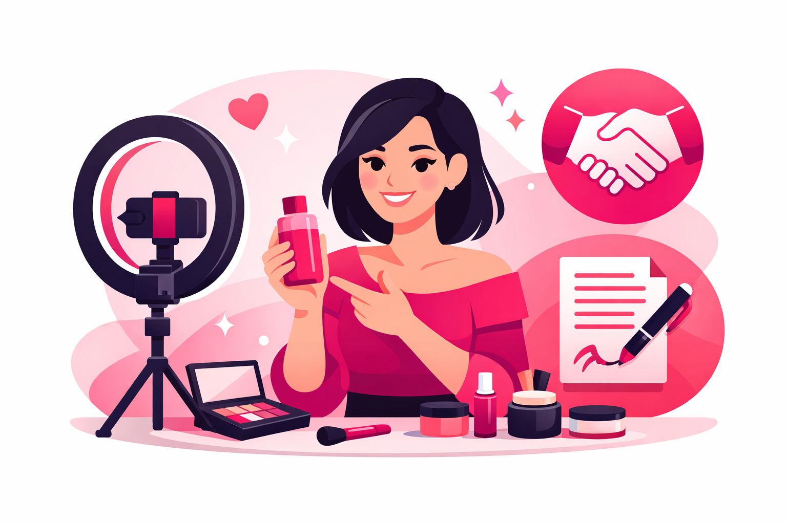Beauty creator filming sponsored product review with ring light and brand partnership contract