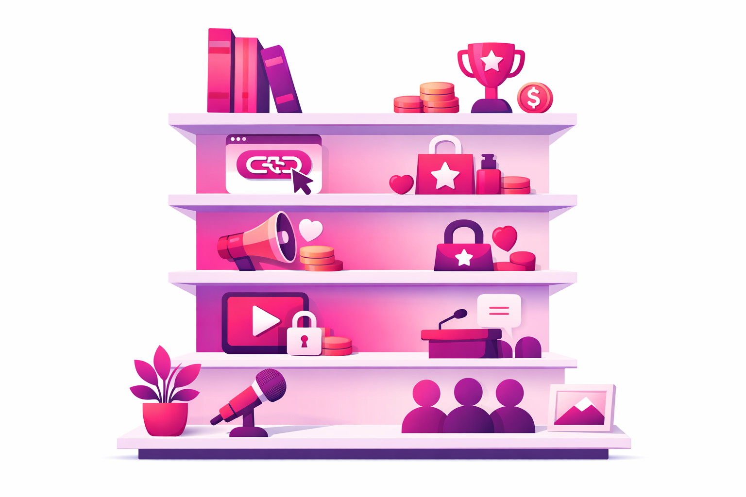 A flat illustration of a bookshelf-shaped author income funnel with icons for each revenue stream including a shopping cart, megaphone, padlock, podium, microphone, trophy, and dollar coins, all in pink and purple gradients