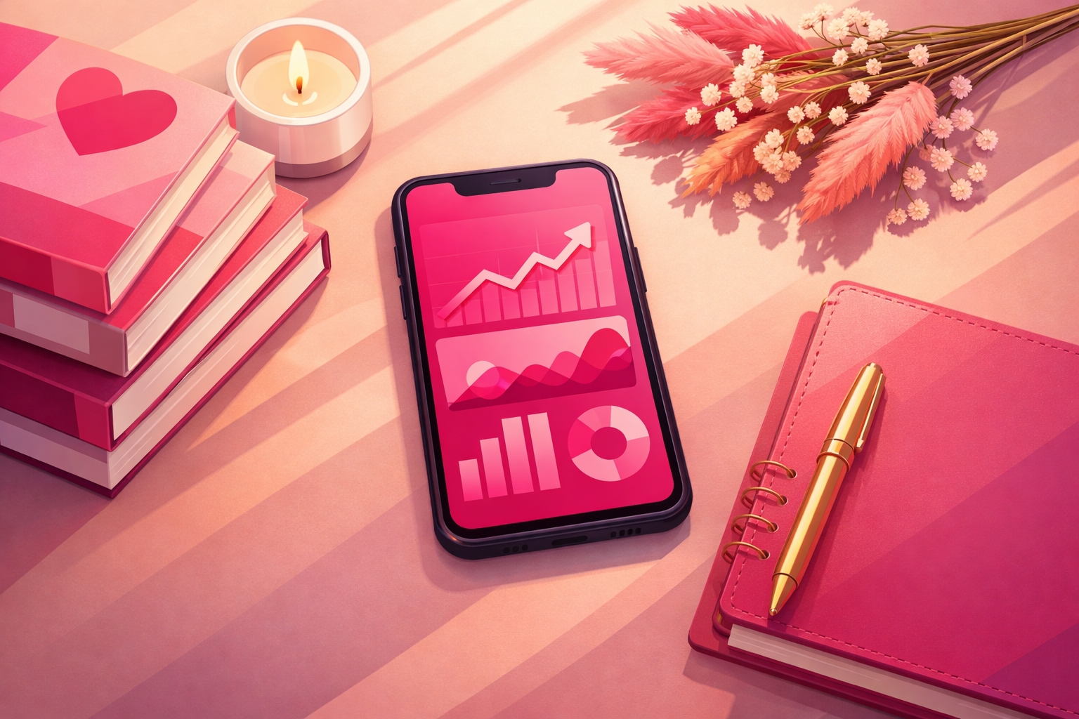 An overhead aesthetic shot of a smartphone displaying a pink-themed analytics dashboard with upward trending graphs, surrounded by a stack of romance paperbacks, a white candle, dried pampas flowers, and a gold pen on a pink journal in warm afternoon light