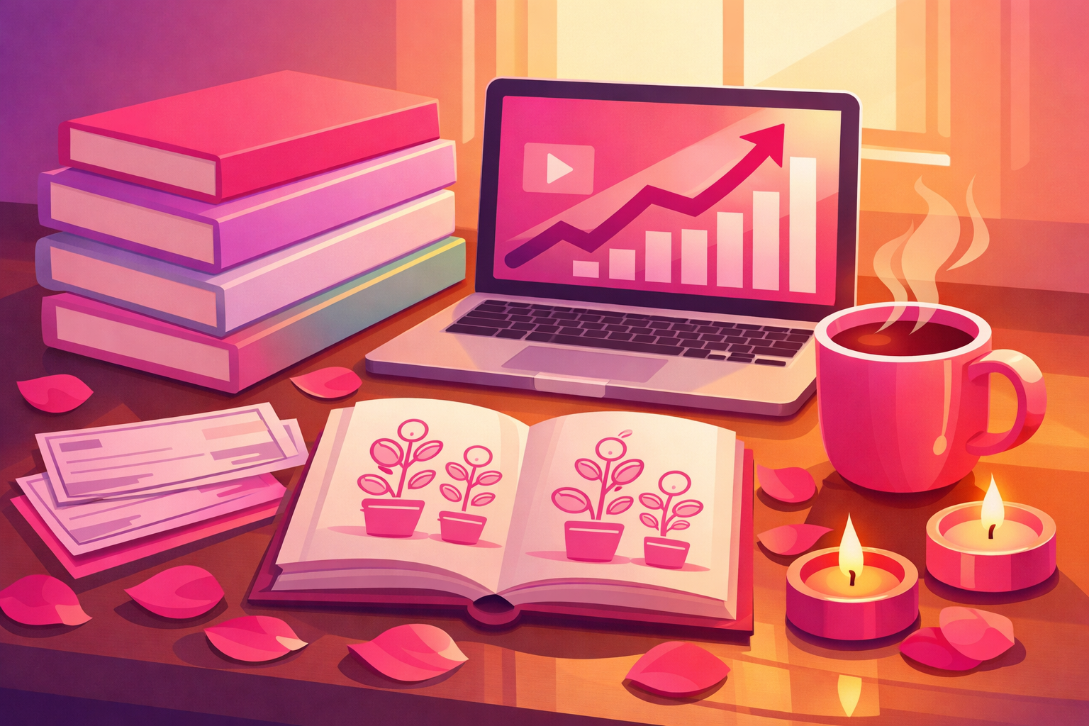 A cozy BookTok author workspace with stacked pastel paperbacks, an open laptop showing an upward-trending sales chart, royalty checks on the desk, an open journal, scattered rose petals, and a steaming pink coffee mug bathed in golden hour light