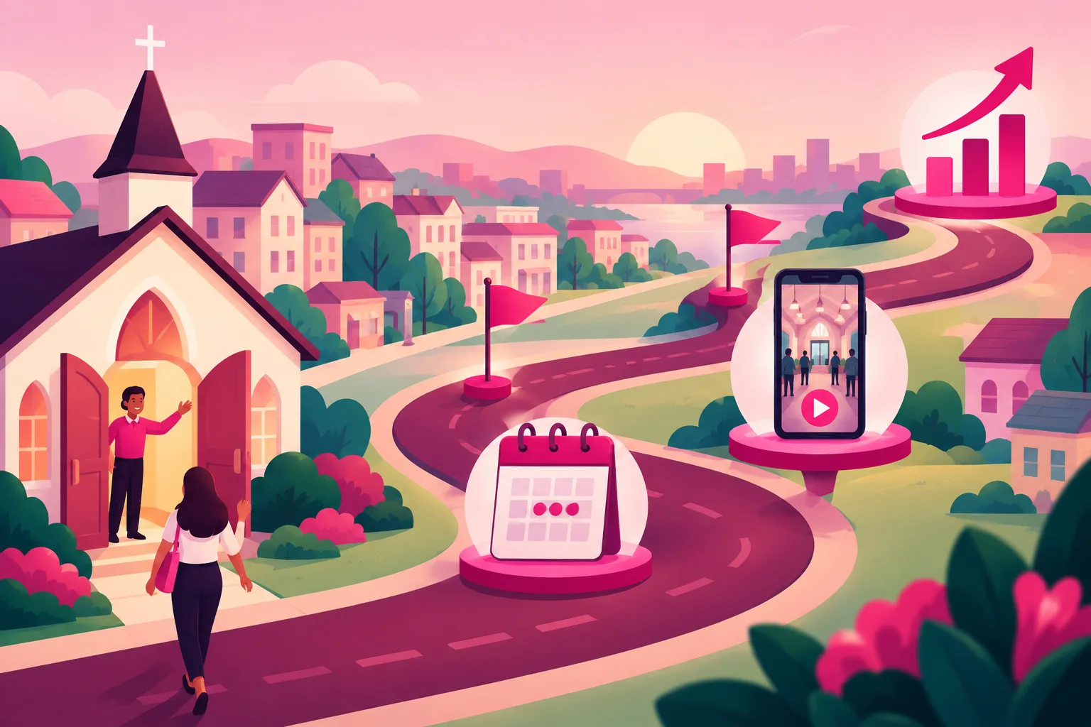 An illustration of a 90-day growth roadmap drawn as a winding road through a small town, beginning at a church with open doors and a waving greeter, passing three milestone flags, a wall calendar with three days marked, and a phone showing a short video of a church lobby, and ending at a rising arrow over a small bar chart
