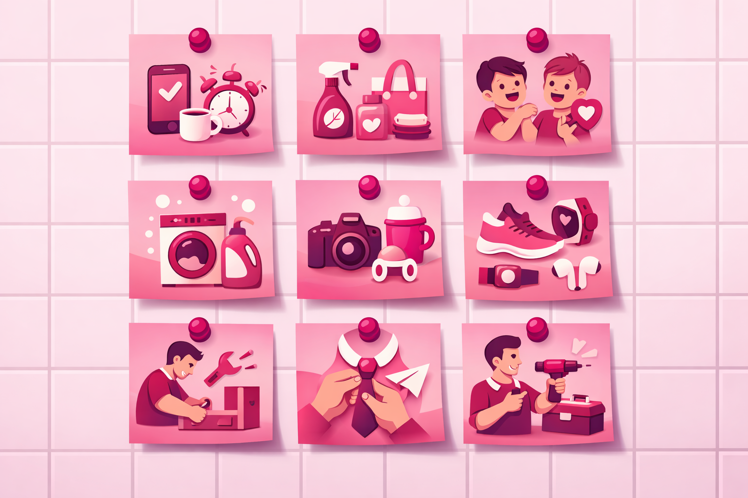 A clean flat illustration of a 3x3 grid of pink sticky notes pinned to a tile wall, each card showing a different DadTok content theme like routines, household swaps, kid moments, gear reviews, and dad skill showcases