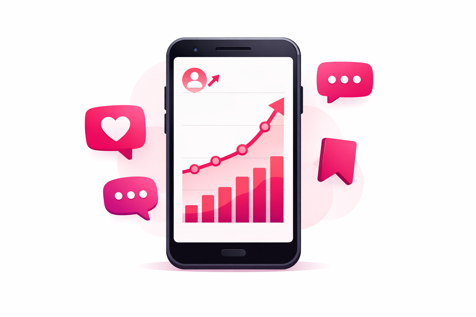 A flat illustration of a smartphone showing a vertical analytics dashboard with a rising follower-growth curve, save and comment icons floating around it, in a soft pink and magenta palette