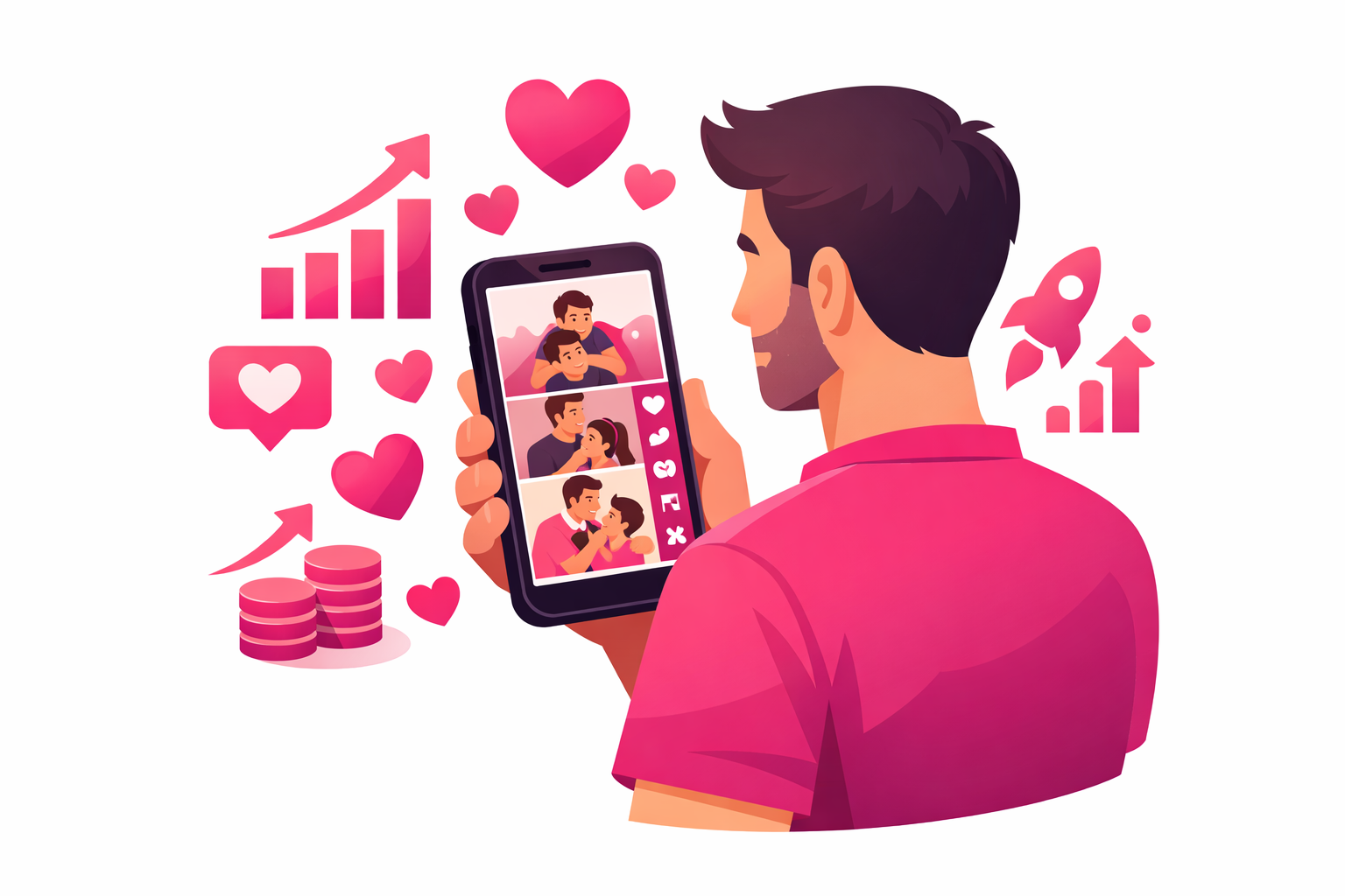 A warm flat illustration of a dad holding a smartphone displaying a vertical TikTok feed full of family content cards, surrounded by floating pink hearts and growth icons