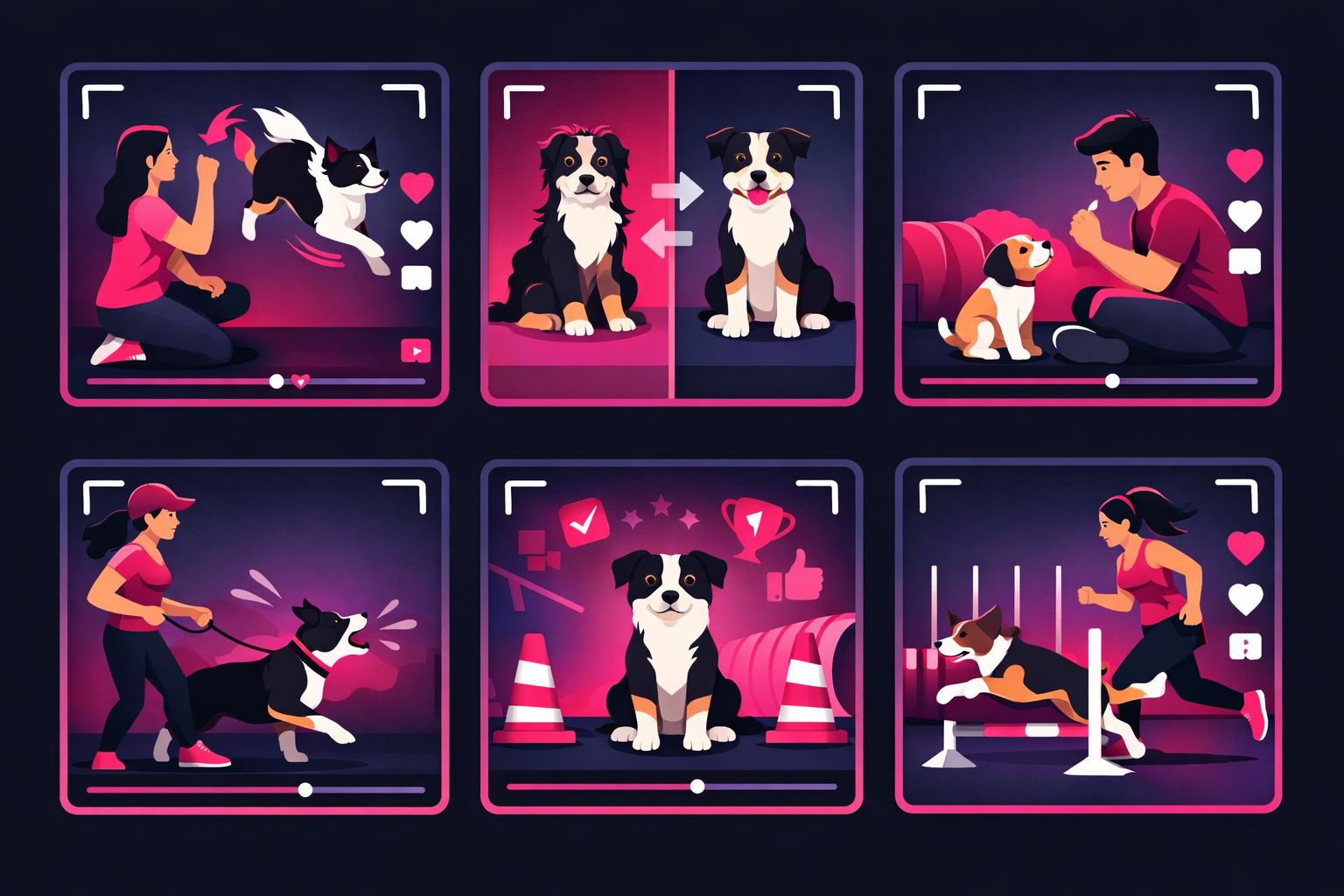 Six types of popular dog training TikTok content formats including trick tutorials, before-and-after transformations, puppy first lessons, reactive dog progress, obedience challenges, and agility course runs