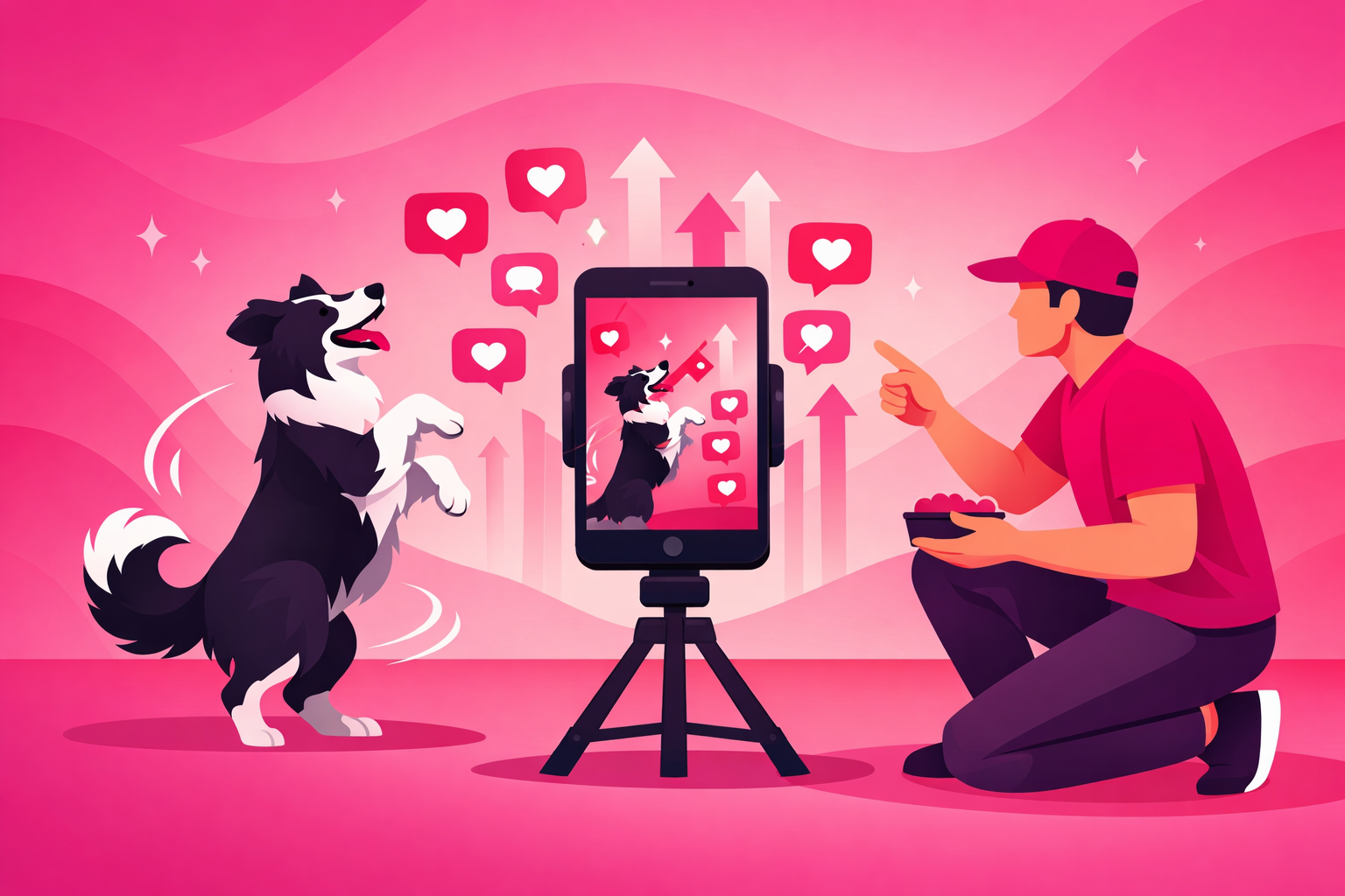 A dog trainer filming a training session with a smartphone on a tripod while a border collie performs tricks, with engagement metrics visible on the phone screen