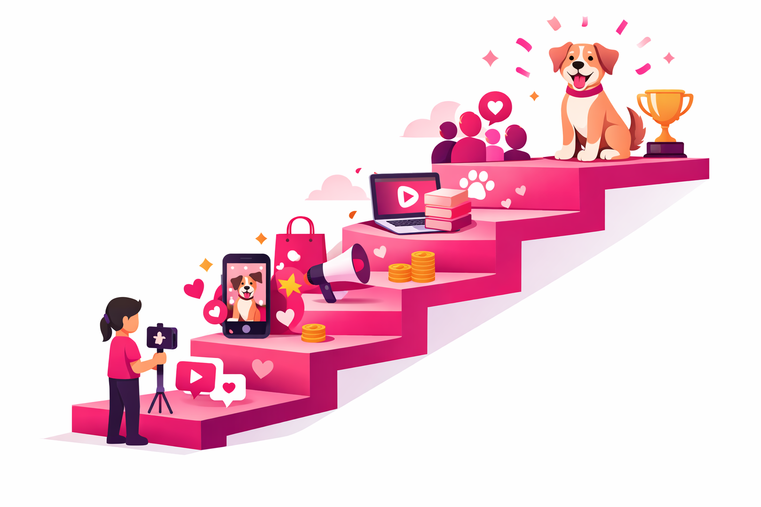 A dog trainer's TikTok growth journey shown as a rising staircase with milestones from first viral video to brand partnerships and community building, with a happy dog at the top