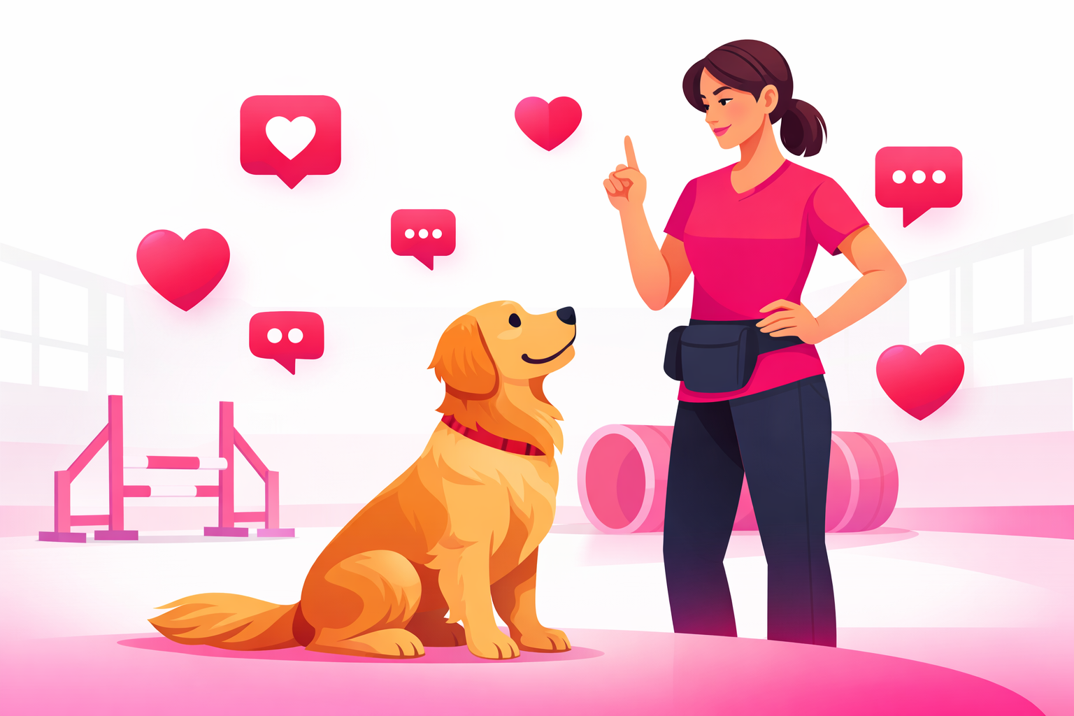 A dog trainer working with a golden retriever in a bright training facility surrounded by TikTok engagement icons like hearts and comments