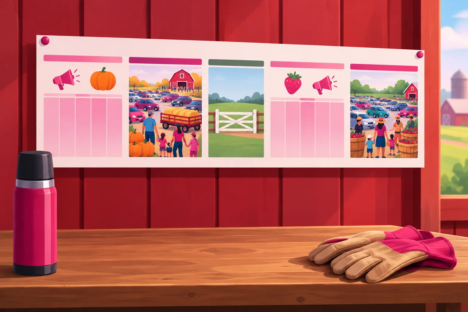 An illustration of a farm-year calendar strip pinned to a red barn wall above a workbench, with a stretch of quiet late-summer weeks highlighted in soft pink beneath a small megaphone and a pumpkin, followed by a single crowded weekend packed with tiny cars, pumpkins, a hay wagon, and families, then a quiet week with a single closed white farm gate, and further along a second pink stretch in early spring with a strawberry and a megaphone, again followed by a crowded week of cars and baskets