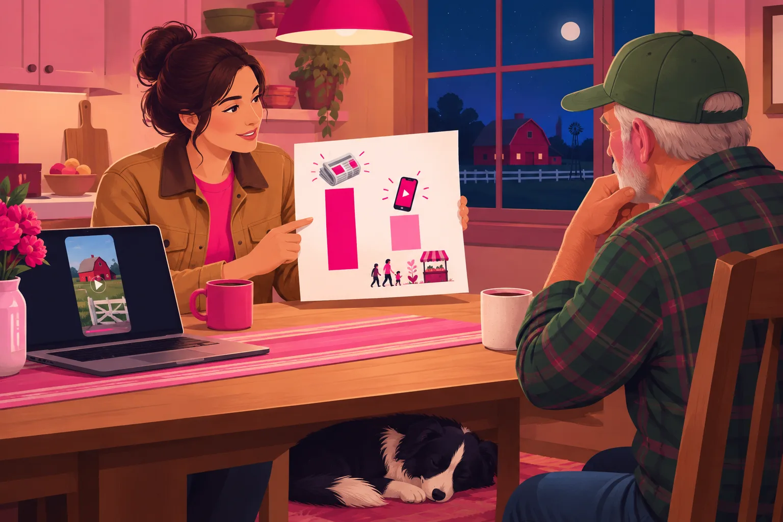An illustration of a young woman in a canvas work jacket at a farmhouse kitchen table at night holding up a single sheet toward an older farmer in a green feed cap, the sheet showing two side-by-side bar charts drawn with icons, a taller bar topped with a folded newspaper and a shorter bar topped with a phone with a small row of family figures walking toward a tiny farm stand beneath it, with a laptop showing a vertical video thumbnail of a red barn and a white gate, mugs of coffee, and a border collie asleep under the table