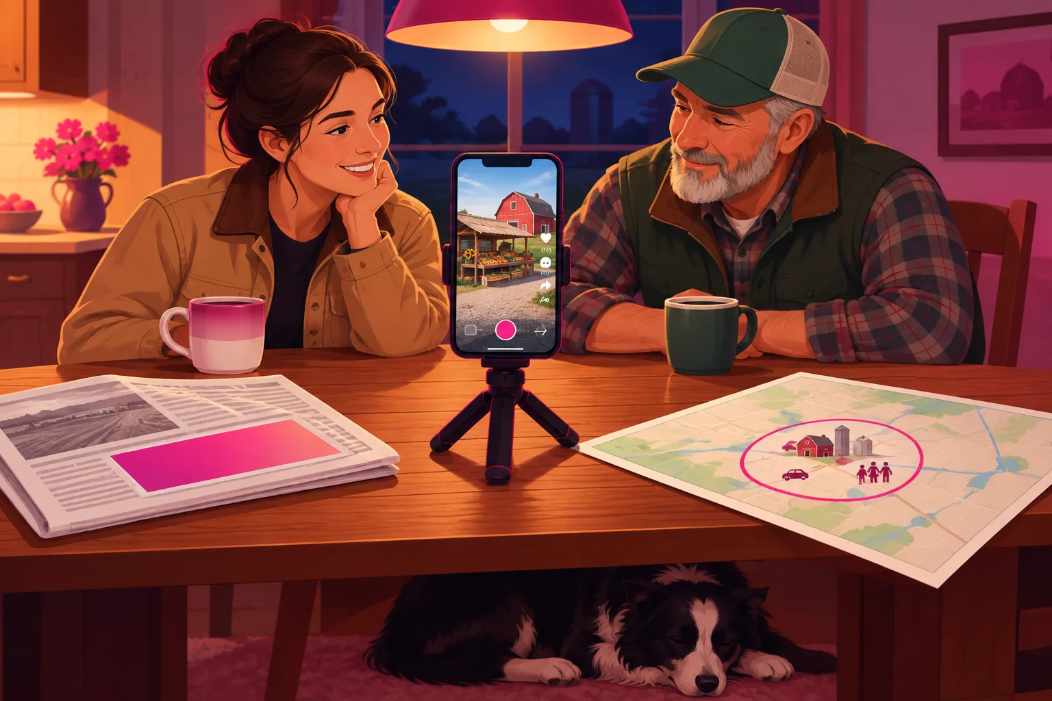 An illustration of a farmhouse kitchen at night, where a young woman in a canvas work jacket and an older farmer in a green feed cap sit at a wooden supper table with a phone on a small tripod playing a vertical video of a roadside farm stand in front of a red barn, a folded local newspaper with a blank ad box on one side, a small county map with a red barn and grain elevator inside a tight pink circle on the other, and a border collie asleep under the table