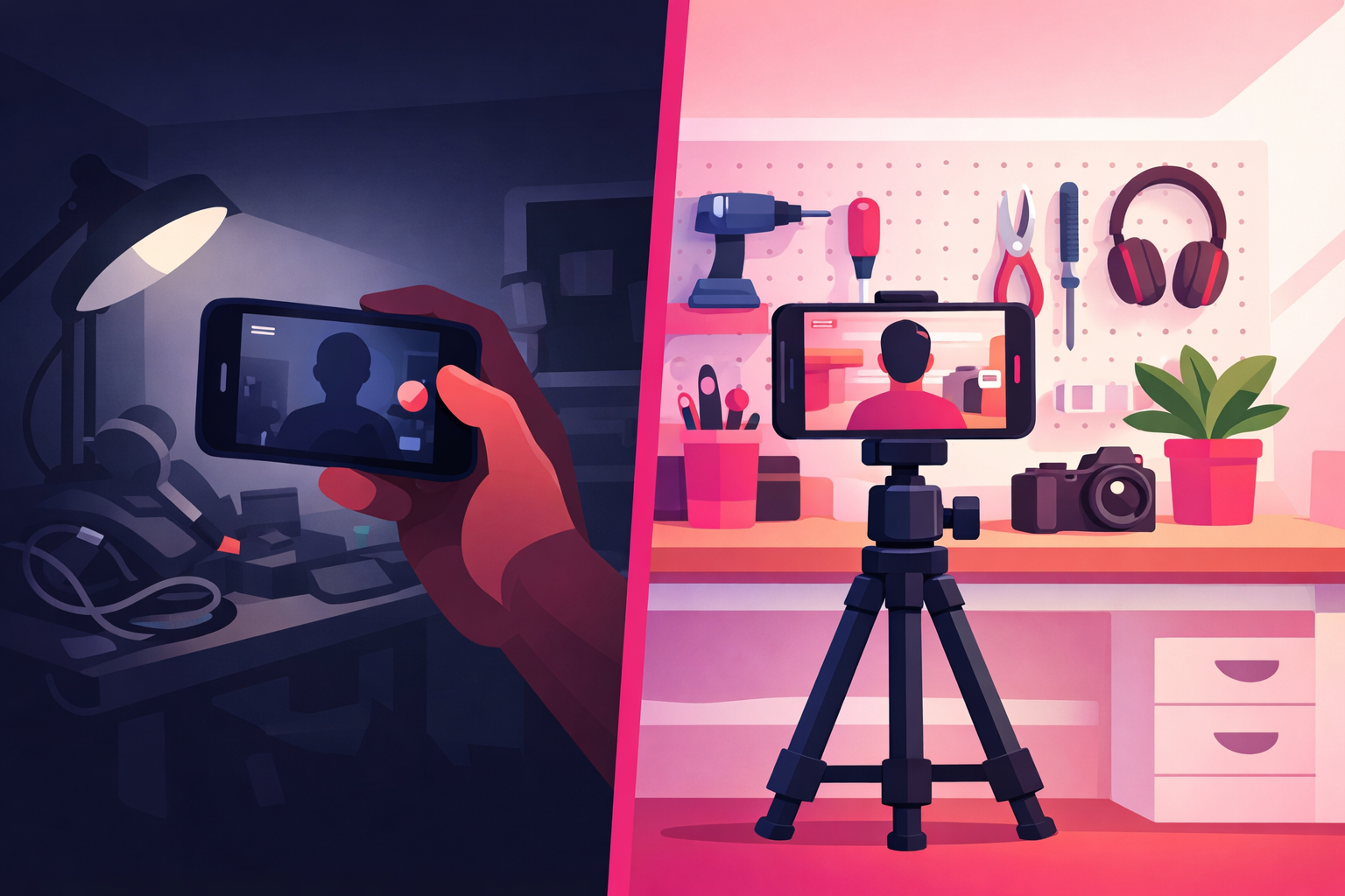 Split-screen comparison showing a bad DIY filming setup on the left with dark lighting and shaky handheld phone versus a great setup on the right with bright lighting, phone on tripod, and clean organized workbench