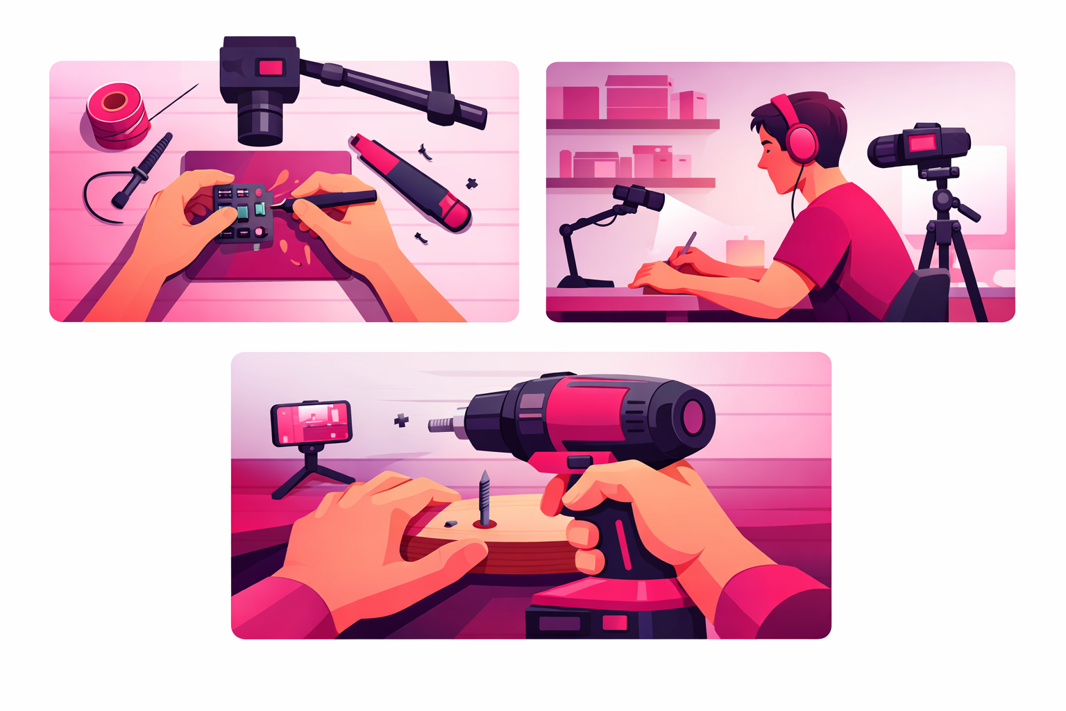 Infographic showing three camera angles for DIY content: overhead top-down shot of hands working, side profile of a creator at a workbench, and first-person POV shot using a tool