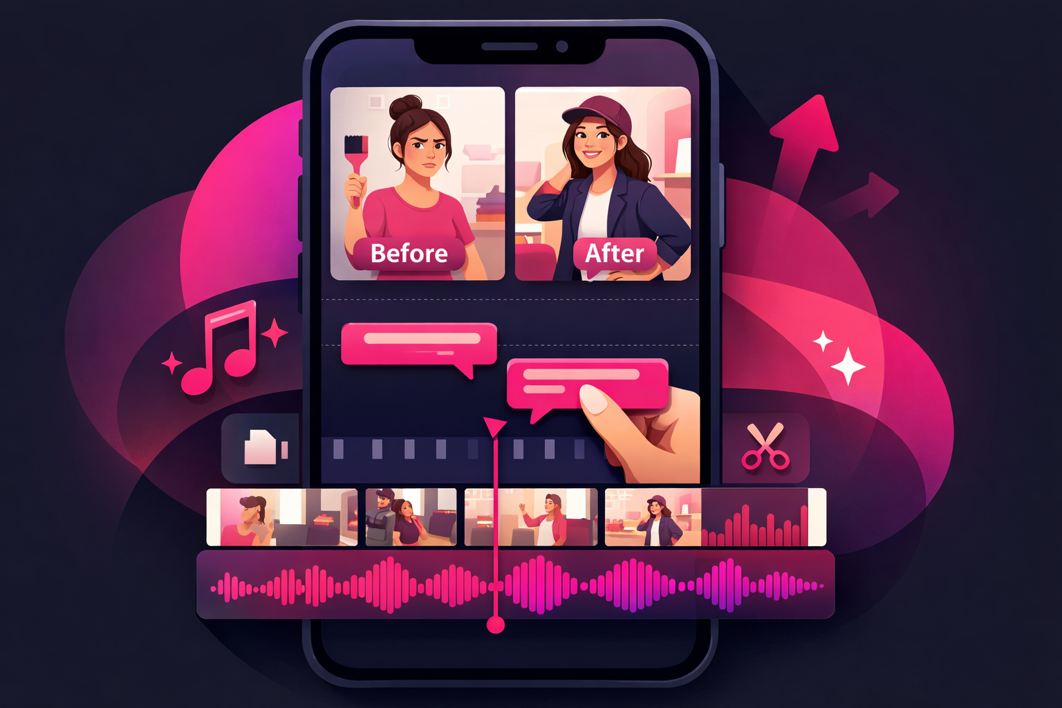 A smartphone screen showing a DIY TikTok video being edited with before-and-after thumbnails, captions, and a trending audio waveform in pink and purple brand colors