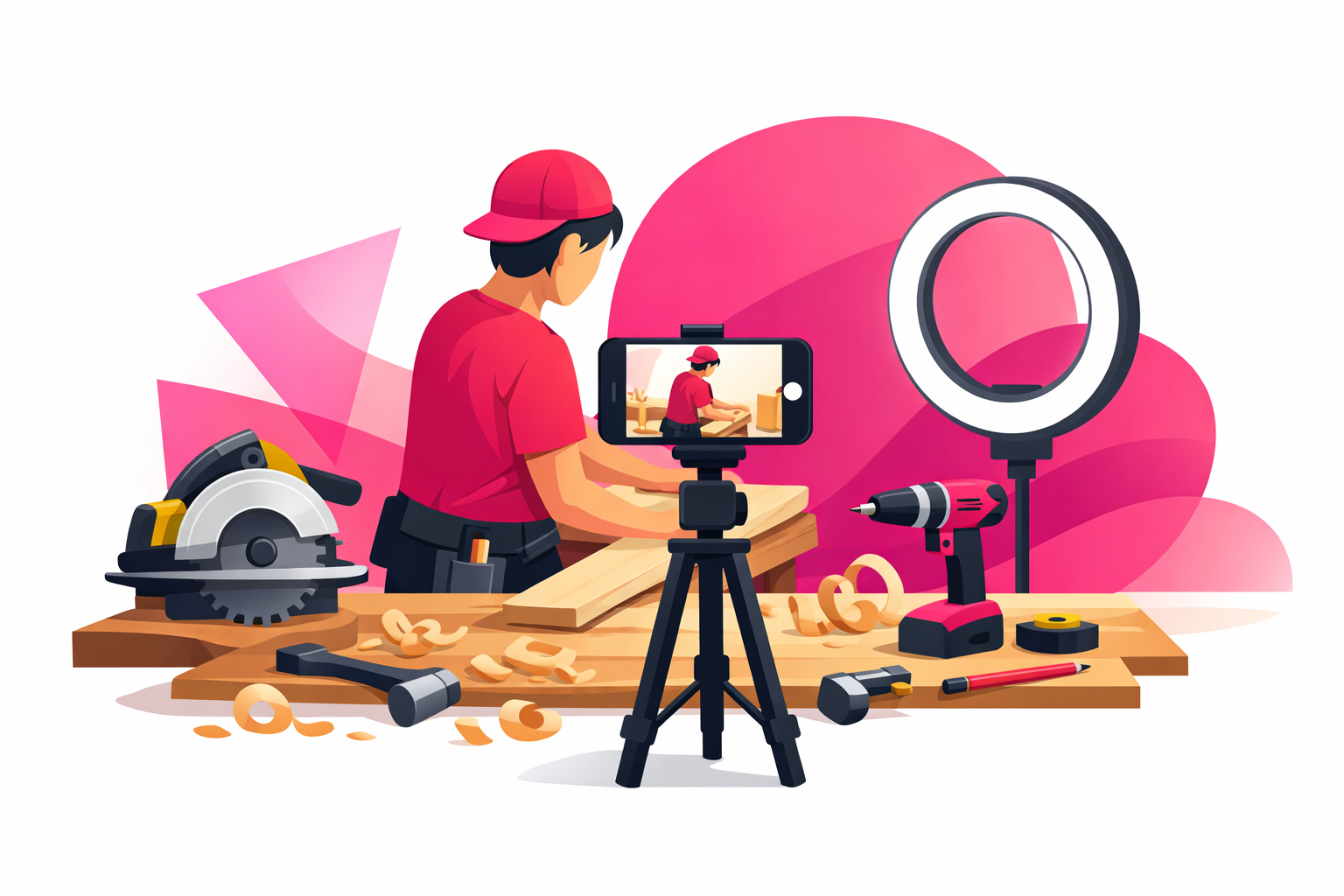 A DIY creator filming a home renovation project with a smartphone mounted on a tripod, surrounded by a circular saw, power drill, wood shavings, and a ring light
