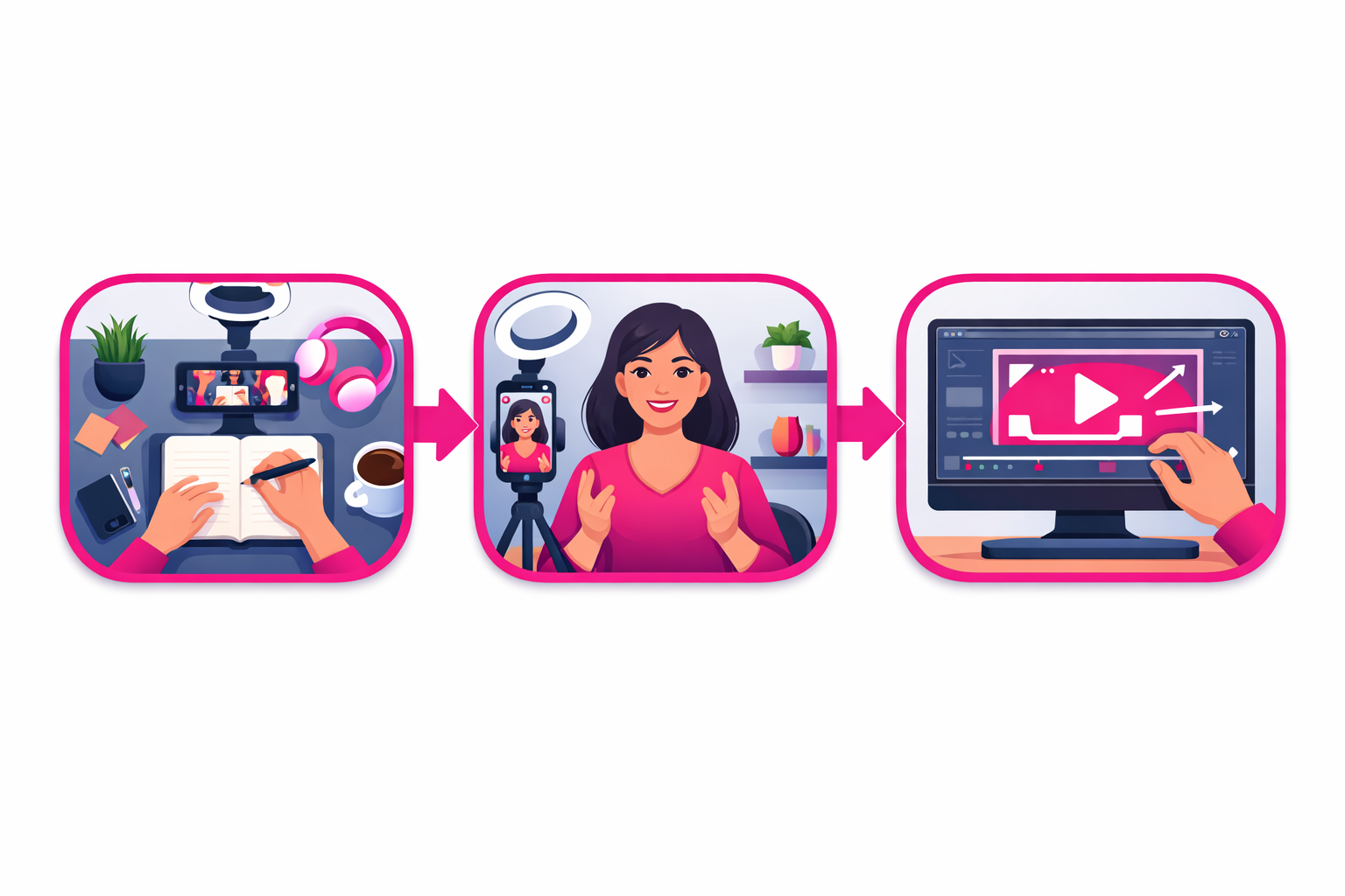Three different filming setups for educational TikTok: overhead desk shot, face-to-camera talking head, and screen recording with editing software