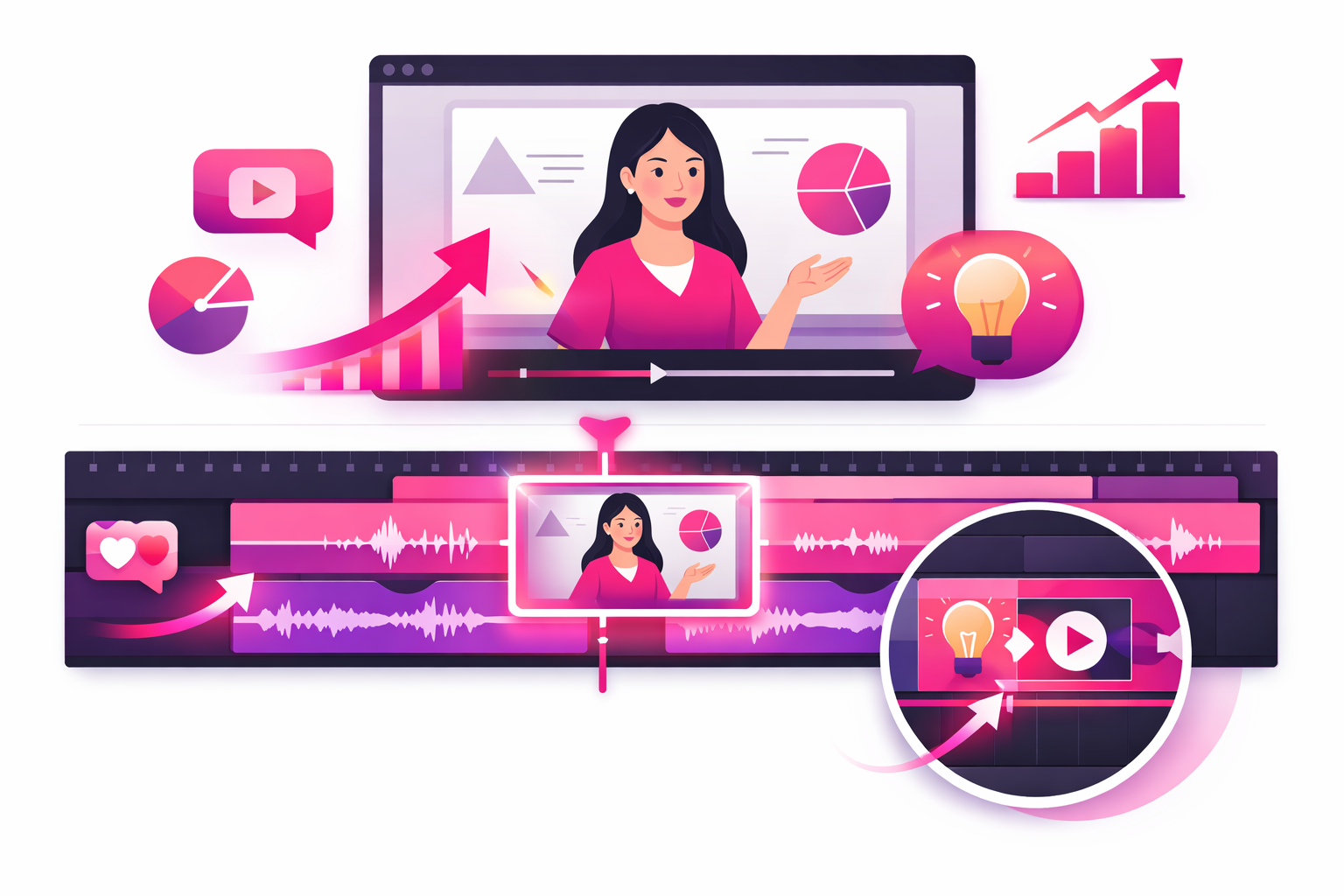 Video editing timeline with visual aids, callout boxes, and highlight effects overlaid on an educational TikTok video frame