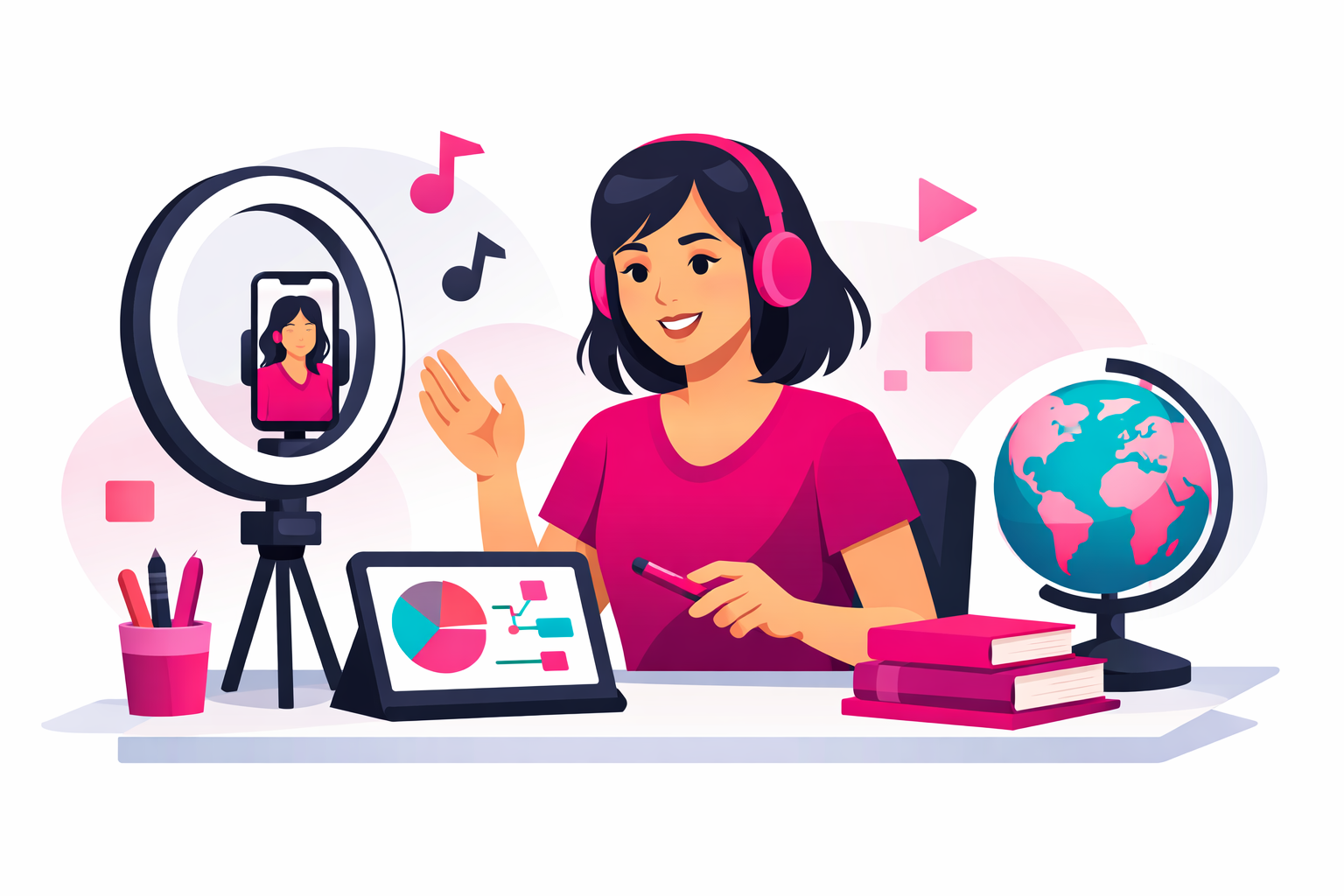 Education creator filming a TikTok video at a desk with ring light, smartphone on tripod, tablet with diagrams, books, and a globe