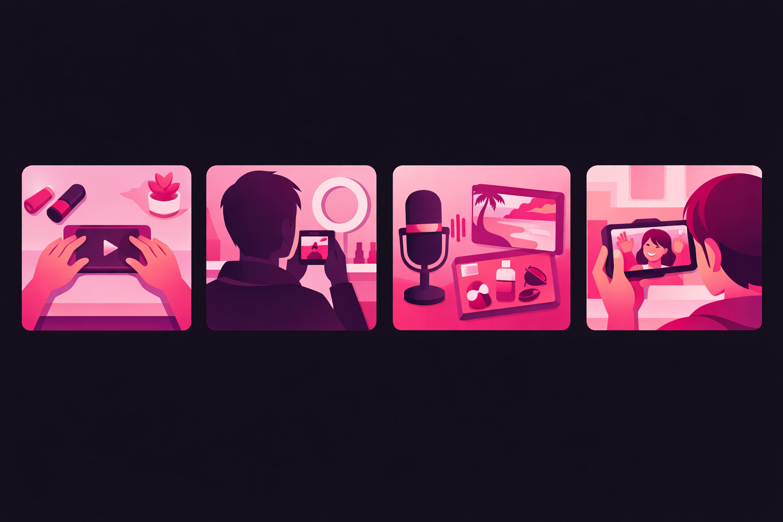 A clean flat illustration showing four small camera framing diagrams side by side: a hands-only top-down shot, a behind-the-back silhouette, a voiceover with B-roll setup, and an over-the-shoulder POV, each in a soft pink and magenta color palette