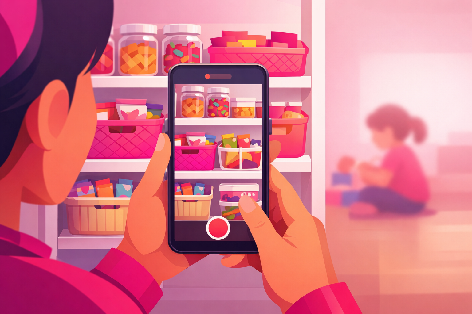 A warm flat illustration of a parent recording a vertical TikTok video of an organized pantry shelf full of kid snacks, with a softly blurred figure of a child playing in the background just out of frame