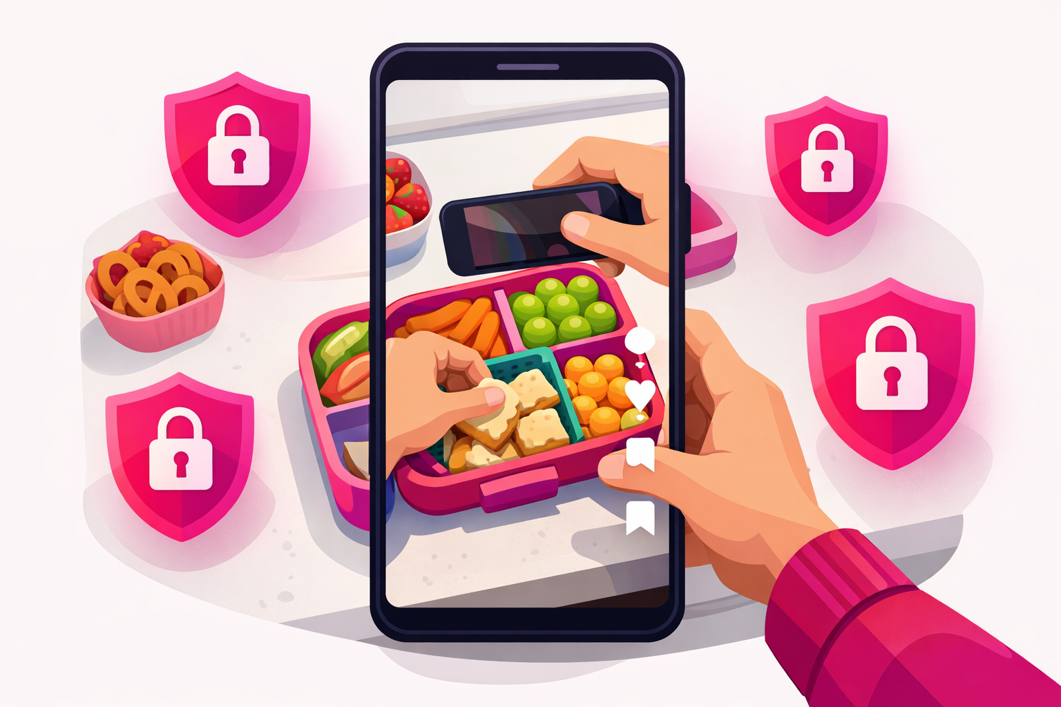 A warm flat illustration of a parent holding a smartphone and filming a top-down vertical TikTok-style video of their hands preparing a colorful kid lunchbox on a white kitchen counter, surrounded by floating pink and magenta privacy shield icons