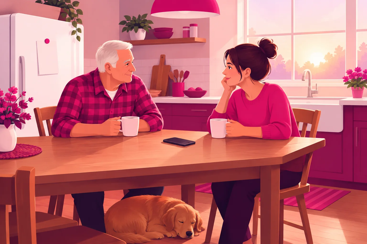 An illustration of a farmhouse kitchen in early morning light: a white refrigerator with one blank sheet of paper held by a magnet, a father in his seventies in a plaid shirt and a woman in her thirties at a wooden table with coffee mugs, a smartphone lying face down between them, and a dog asleep under the table