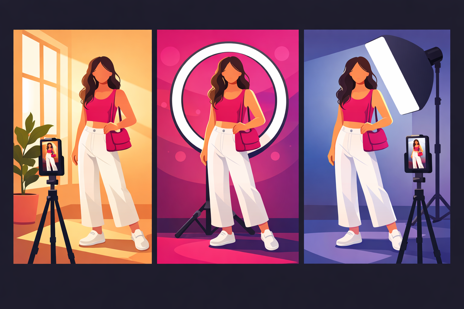 Three lighting setups for fashion content: natural window light, ring light, and softbox