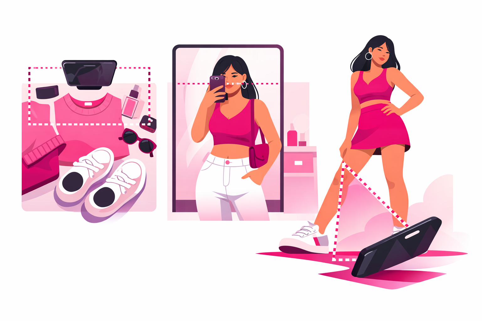 Three camera angles for fashion content: flat lay, mirror selfie, and low angle full-body shot
