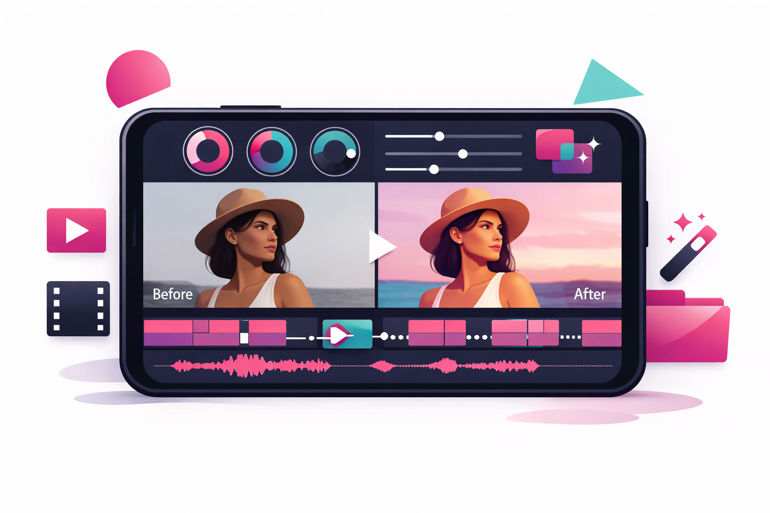Fashion video editing workflow showing timeline, color grading, and before/after comparison