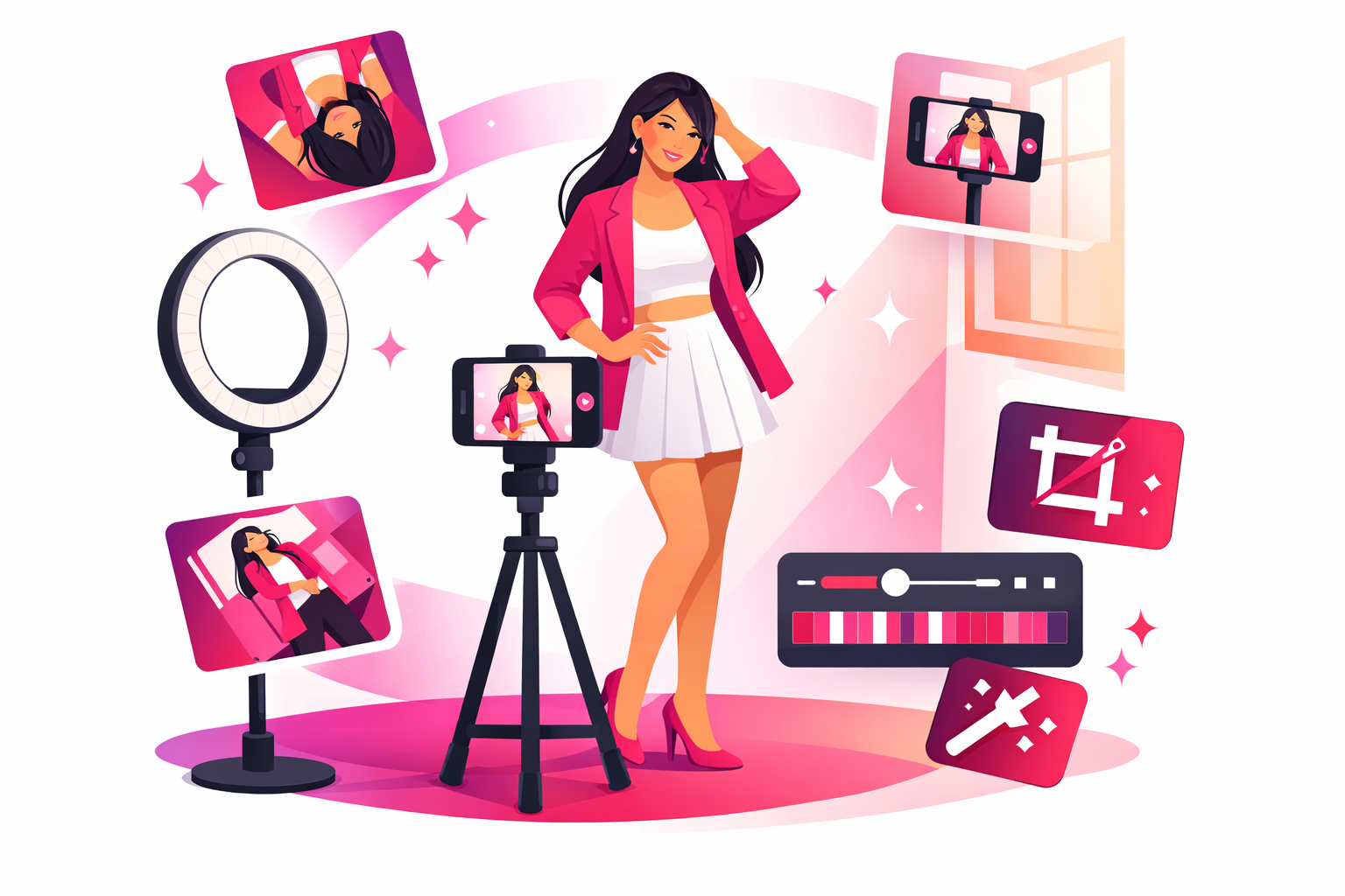 Fashion creator filming an outfit video with ring light, tripod, and editing tools