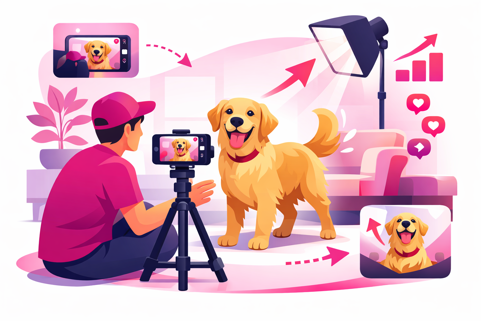 A pet content creator filming their golden retriever with a smartphone on a tripod in a well-lit room with TikTok-style interface elements