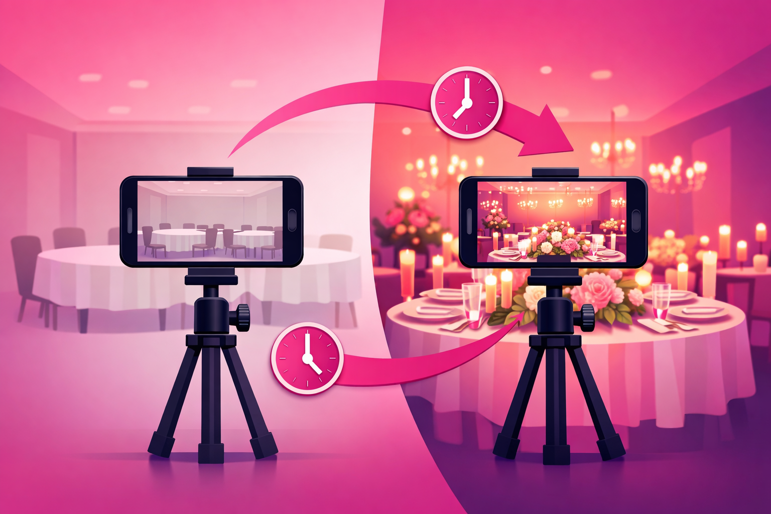 A split illustration of a smartphone on a tripod filming the same wedding reception from one fixed position: on the left the phone screen shows a bare empty ballroom with plain round tables, on the right the same room finished with florals, candles, and place settings, with pink arrows and small clock icons between the two halves suggesting hours passing, on a pink and purple gradient background