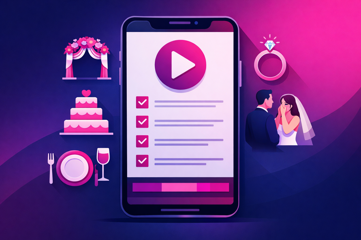 An illustration of a wedding-day filming shot list shown as a checklist on a large smartphone screen displaying a video play button, surrounded by clean icons of a floral arch, a tiered wedding cake, a wedding ring, a place setting, and a bride and groom in a first-look moment, with caption bars along the bottom of the screen, on a magenta and deep blue background