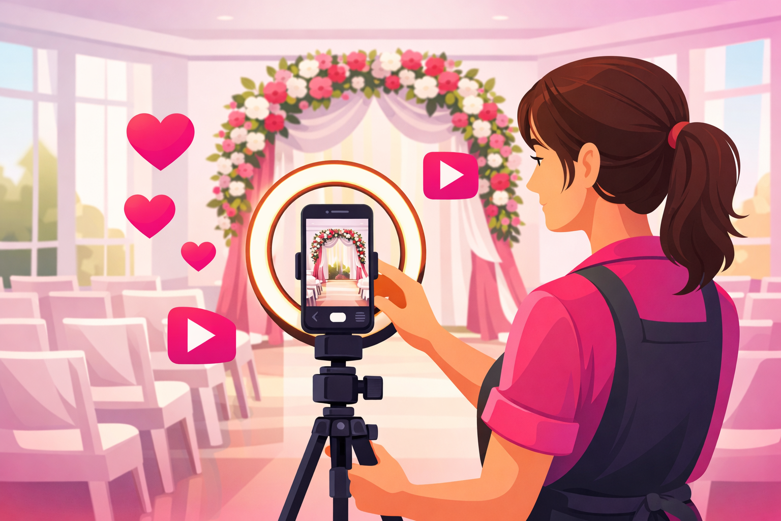 A wedding florist in a work apron filming a short vertical video on a smartphone mounted on a tripod inside a warm ring light, capturing a finished floral ceremony arch in a bright venue with rows of empty white chairs and soft window light, floating heart and play-button icons on a pink gradient background