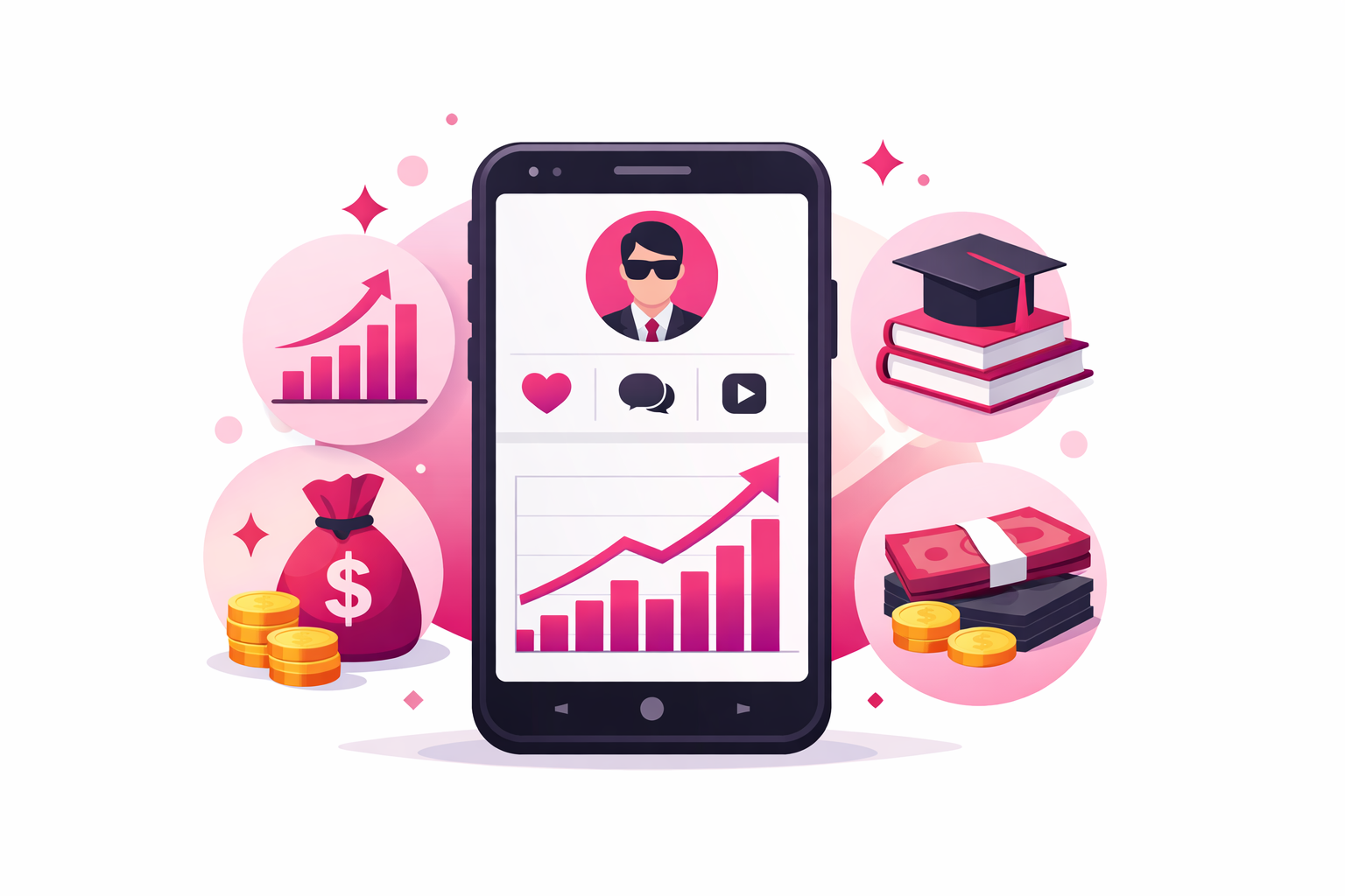 A smartphone showing a finance creator's TikTok profile with growing engagement metrics and content pillars represented by icons for charts, money, and educational books