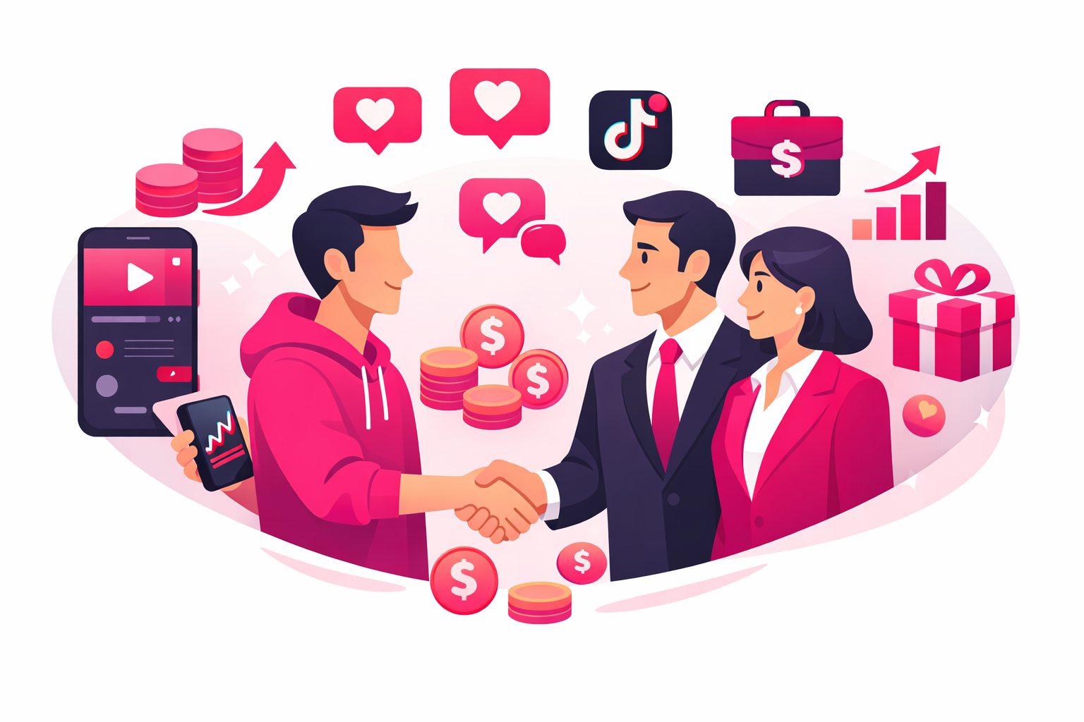 A finance creator shaking hands with brand representatives, surrounded by engagement metrics, TikTok icons, and financial symbols representing brand partnerships and monetization