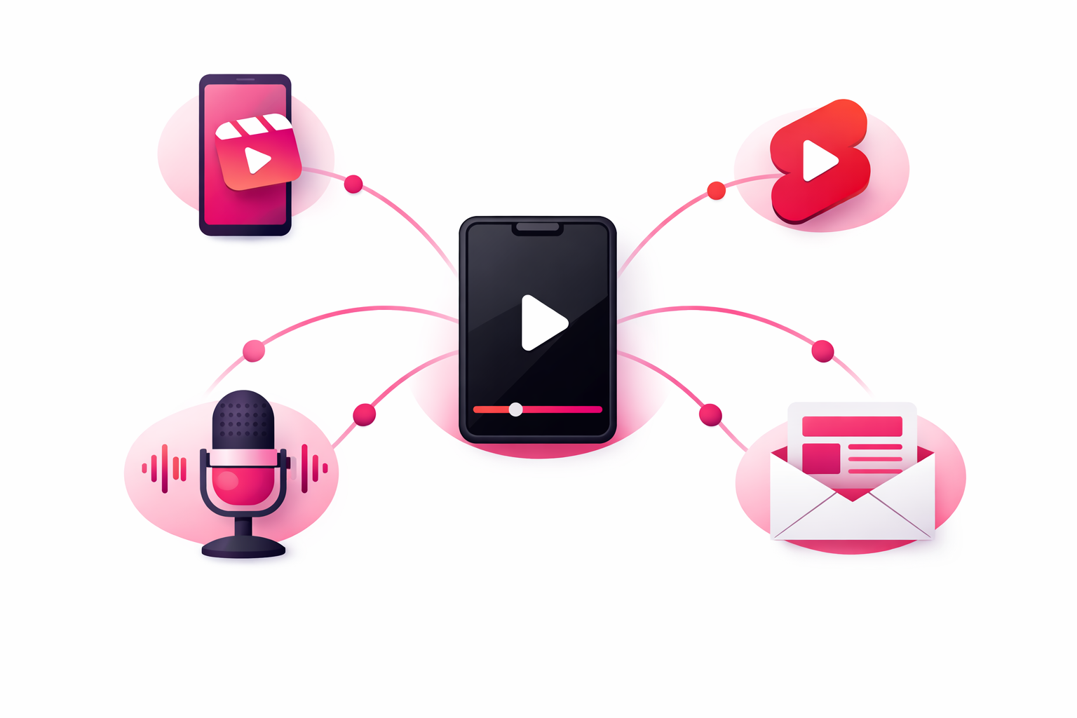 A central TikTok video screen connected to multiple content distribution channels including Instagram Reels, YouTube Shorts, a podcast microphone, and a newsletter, representing cross-platform growth strategy