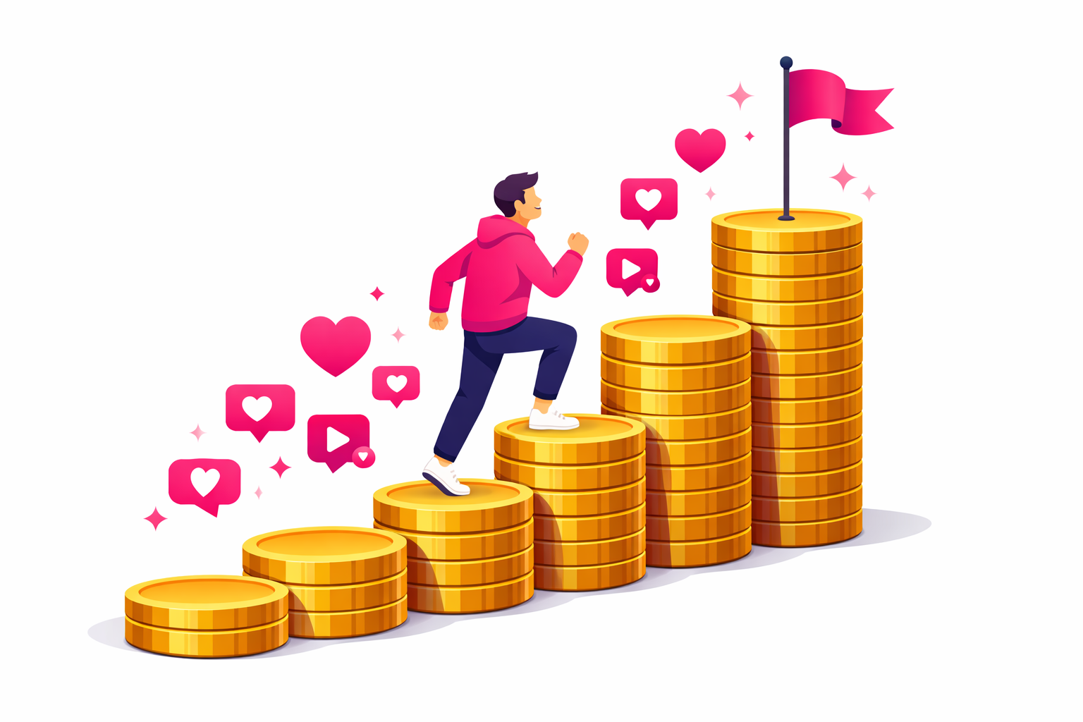 A finance creator climbing an ascending staircase made of golden coins with TikTok heart notifications floating upward, representing the growth journey from zero to 100K followers