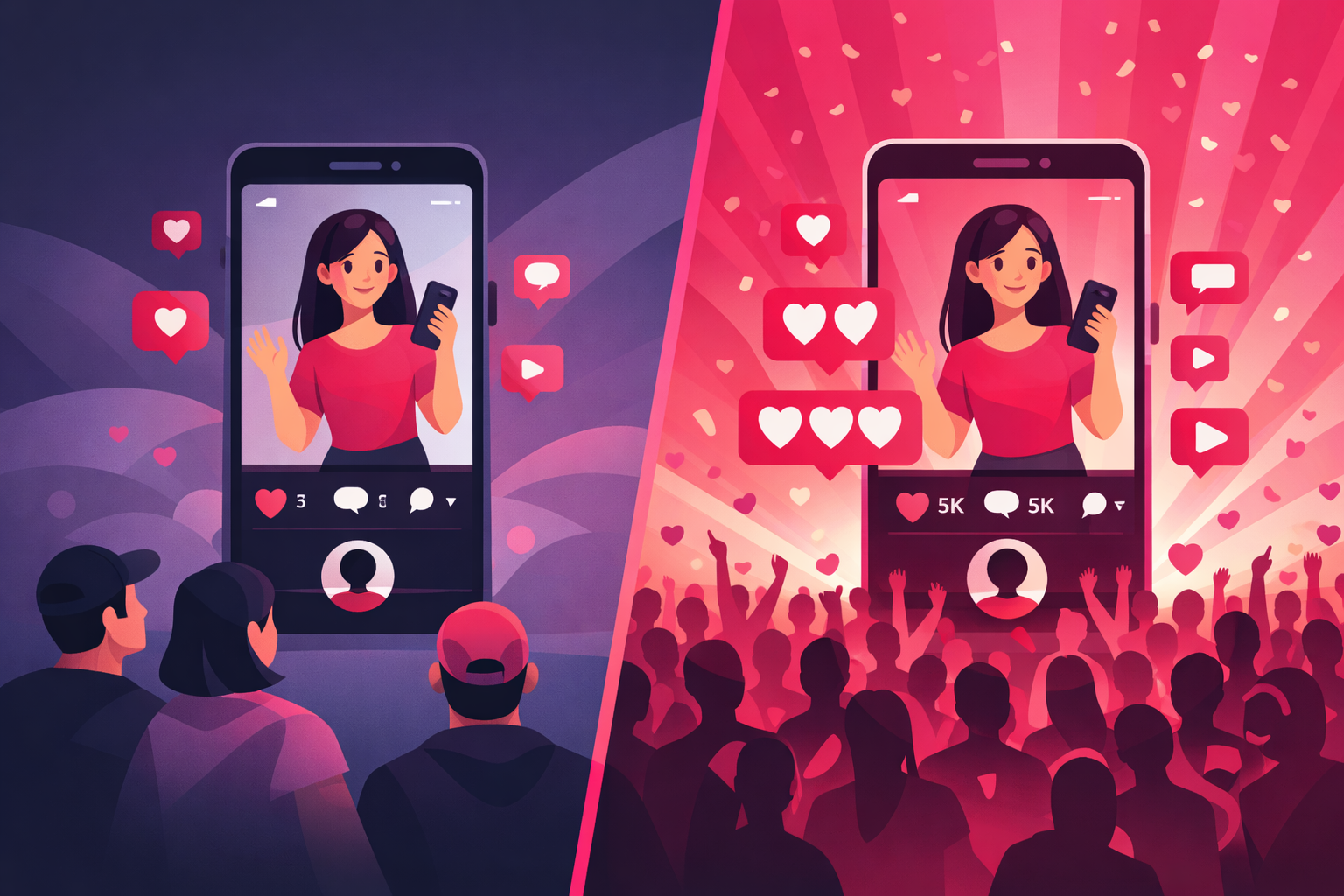 Split-screen comparison showing organic TikTok reach with a small audience on the left versus paid advertising reach with a massive engaged audience on the right