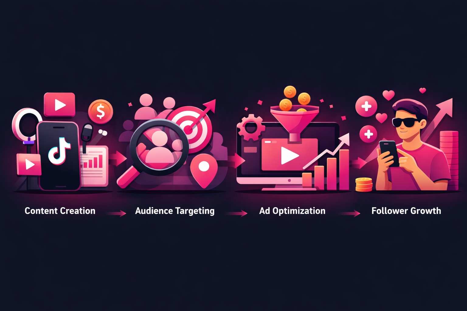 A visual flowchart showing the TikTok advertising funnel for finance creators: content creation to audience targeting to ad optimization to follower growth