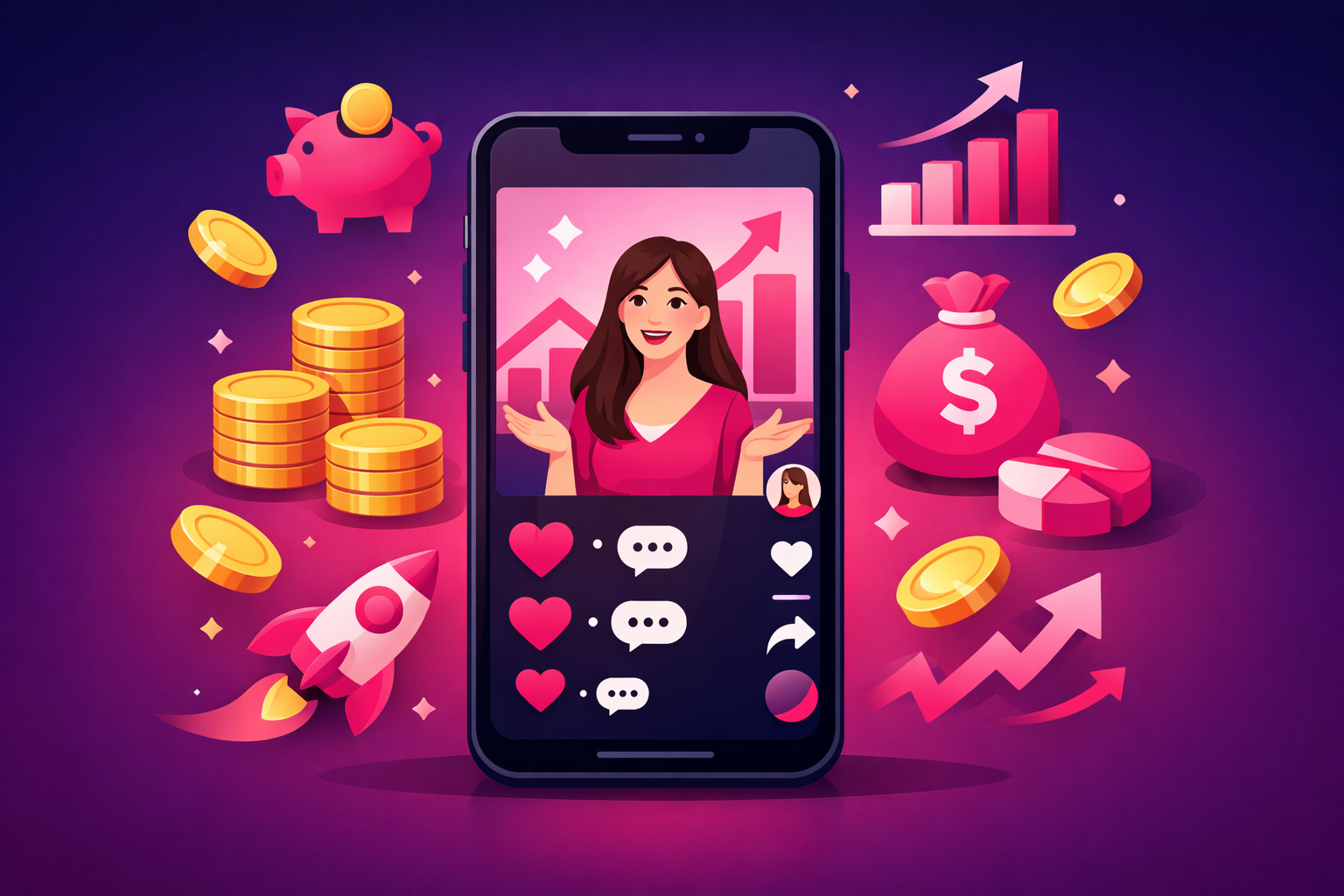 A smartphone screen showing a TikTok Spark Ad promoting a finance education video with high engagement metrics, surrounded by financial icons and coins