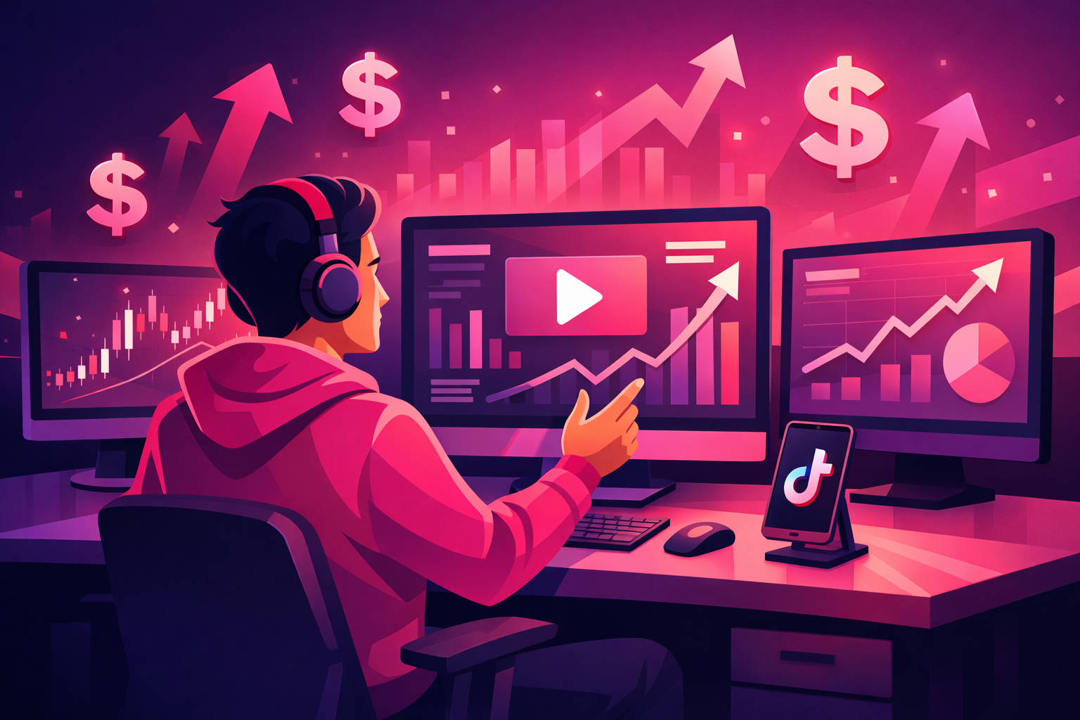 A finance creator at a desk with multiple screens showing TikTok ad dashboards and financial charts, with growth arrows and dollar signs in pink and purple lighting